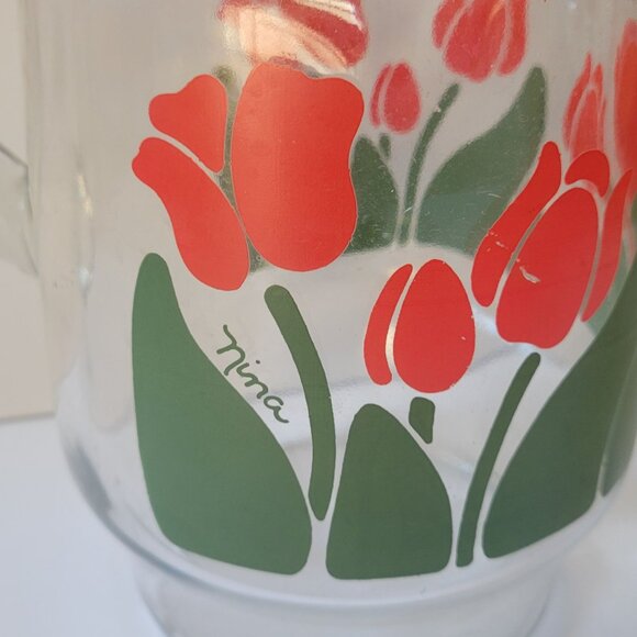Vintage Glass Pitcher With Red Tulip Floral Design By Nina - Picture 2 of 6